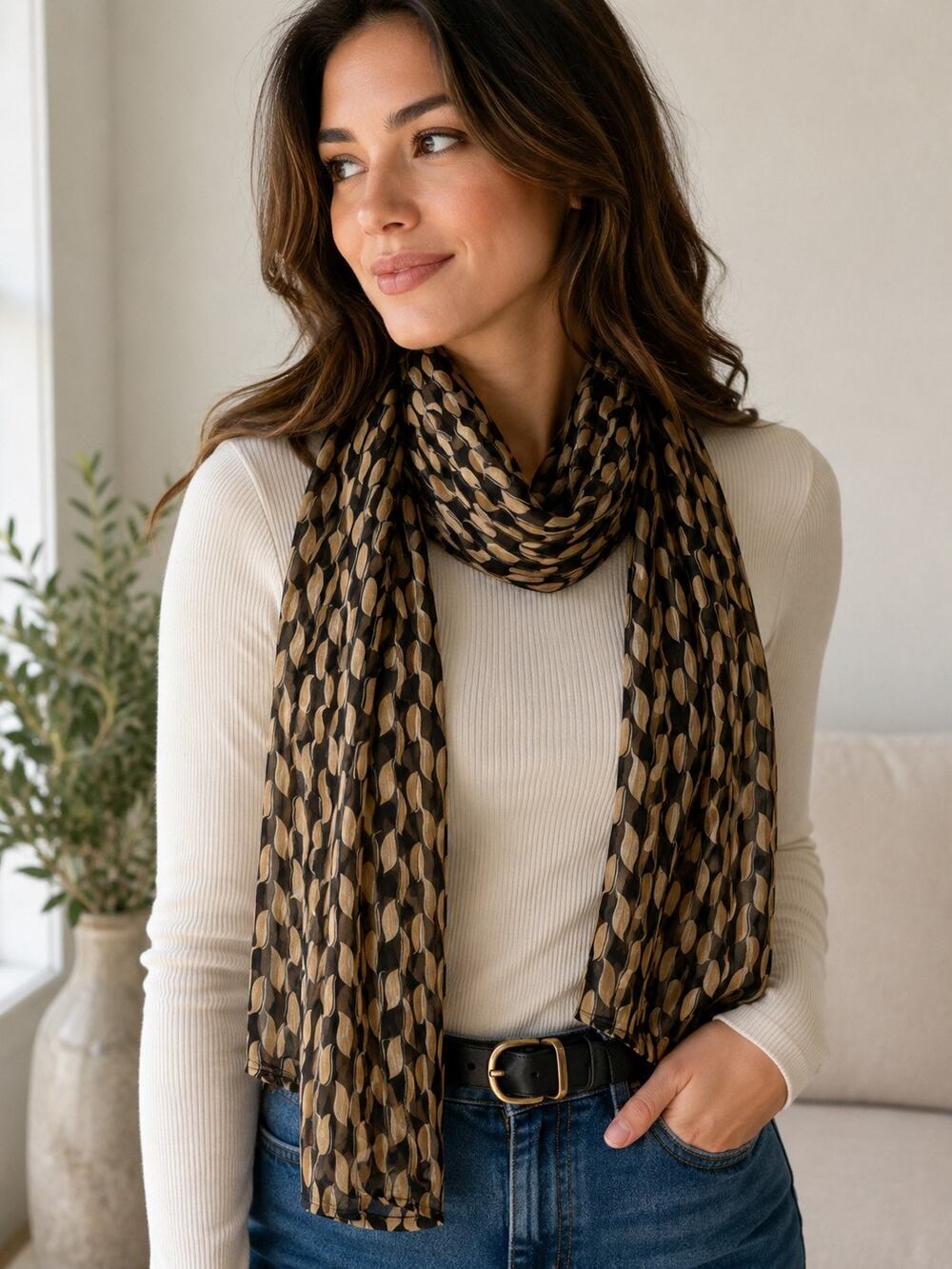 Brown Tan Geometric Print Scarf Lightweight Oblong Wrap